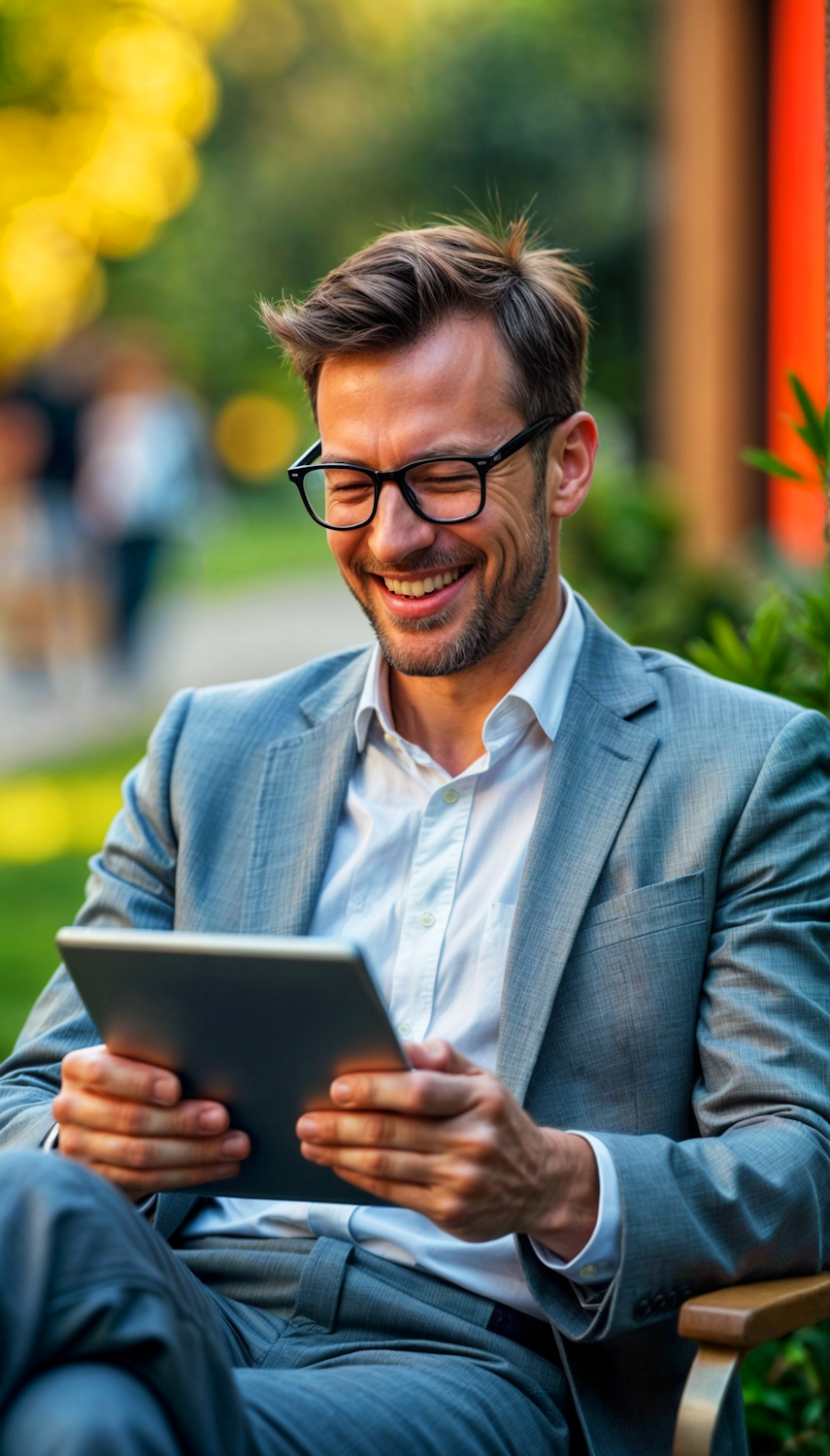 A person happily watching a movie on a tablet, symbolizing the freedom of Tubi's free, multi-device streaming.