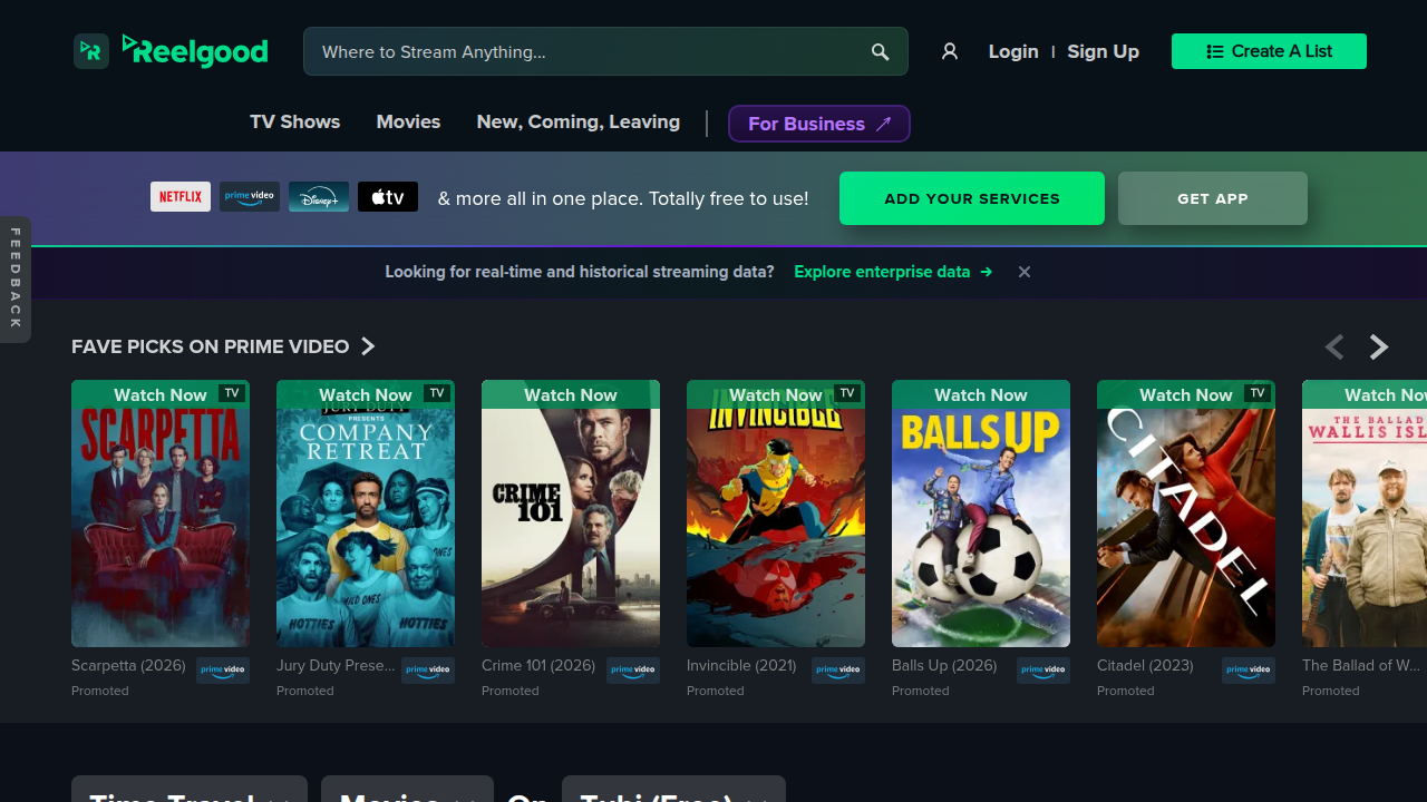 A screenshot of Reelgood's list of time travel movies available on Tubi, offering user ratings and further discovery.