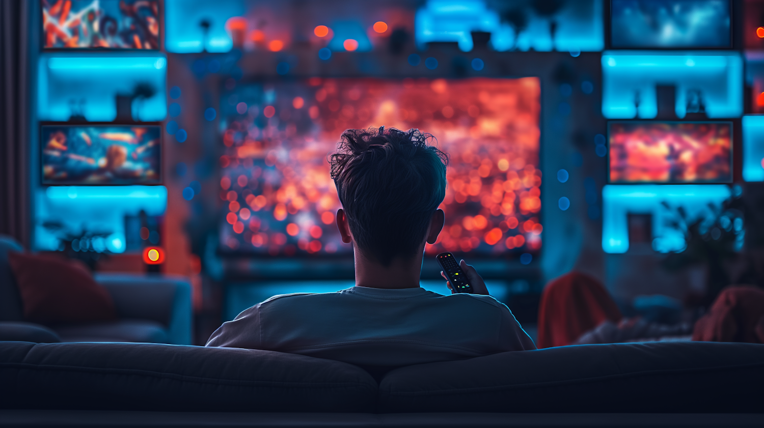 A person on a couch, engrossed in their remote control, scrolling through endless streaming service options.