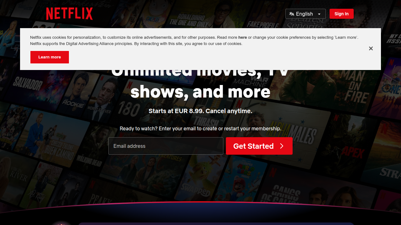 A screenshot of the Netflix streaming service homepage, featuring its user-friendly layout and content discovery options.