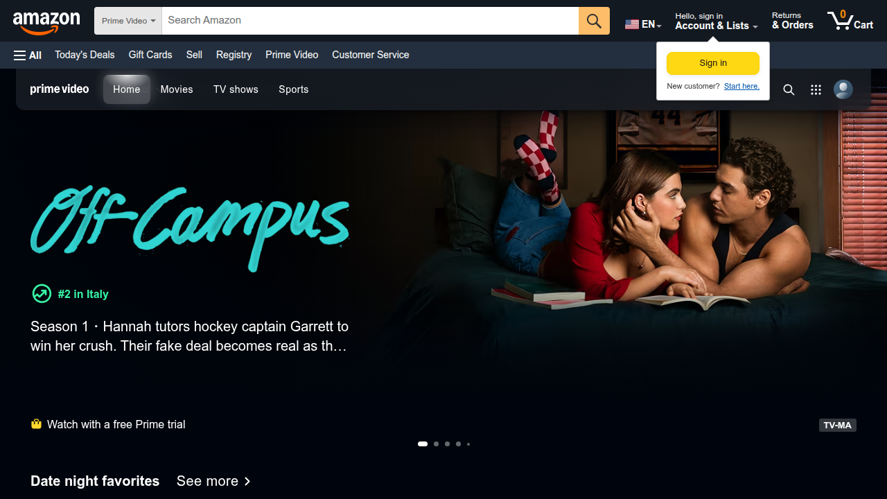 A screenshot of the Amazon Prime Video homepage, showcasing its vast library of movies and TV shows available for streaming.