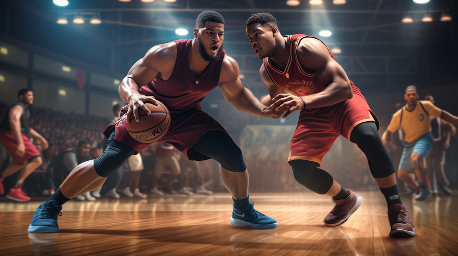A dynamic street basketball game in progress, capturing the energy and competition of the sport.