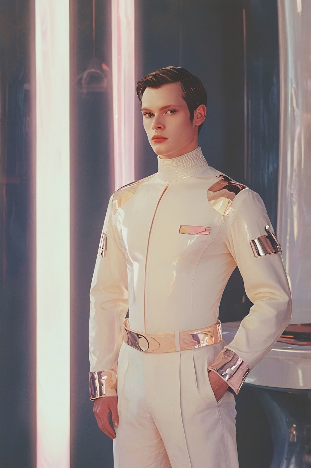 A man in a futuristic suit within a sci-fi environment, ready for temporal missions.