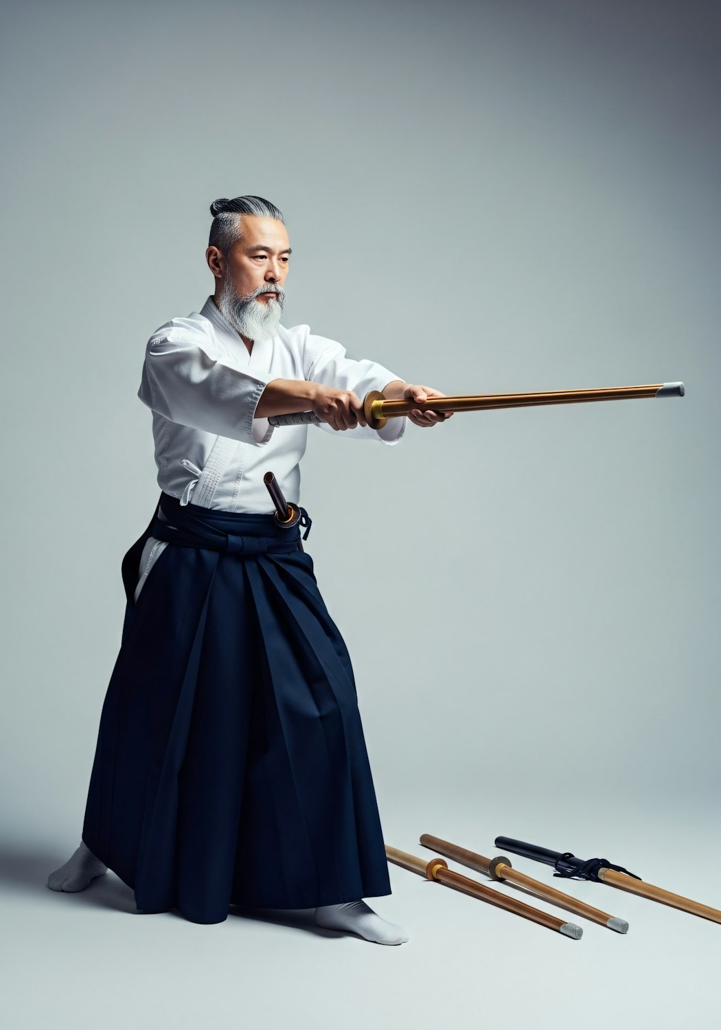 A skilled martial artist wielding a sword in a dramatic, dark environment, embodying a fierce protector.
