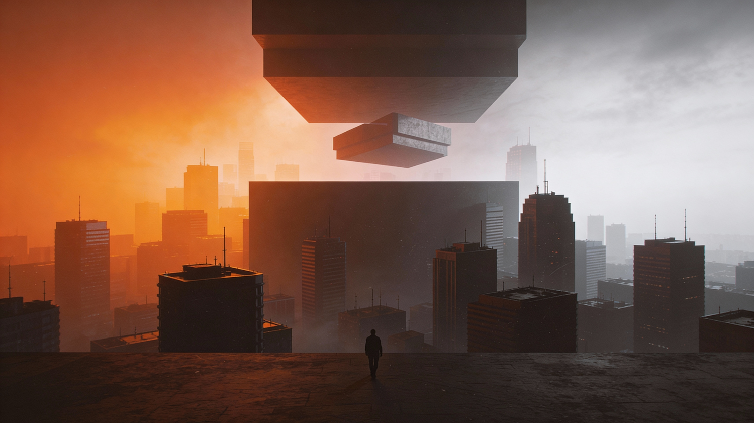 A visual of a dystopian cityscape, reflecting the films' critical commentary on societal issues like class disparity, surveillance, and government control.