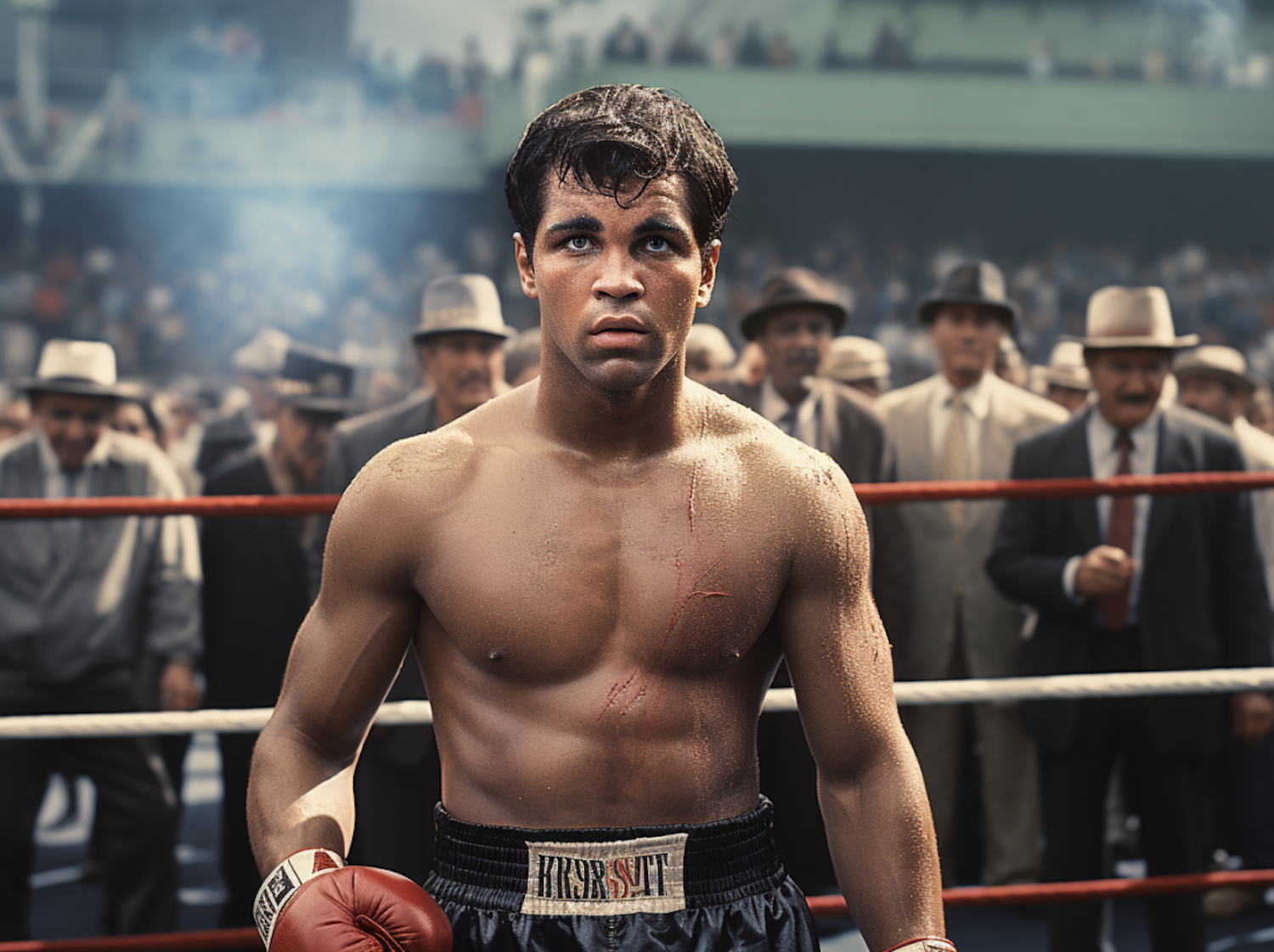 A determined boxer, similar to Adonis Creed, intensely training in a gym, highlighting themes of personal growth and identity.