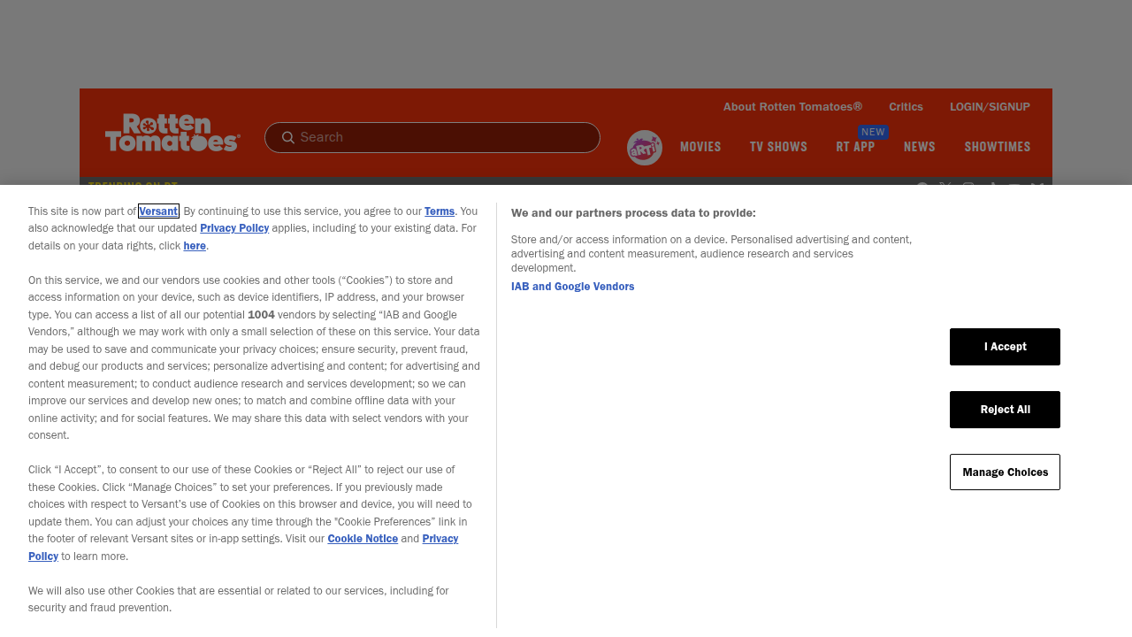 A screenshot of the Rotten Tomatoes browsing page for popular action movies available to stream at home.