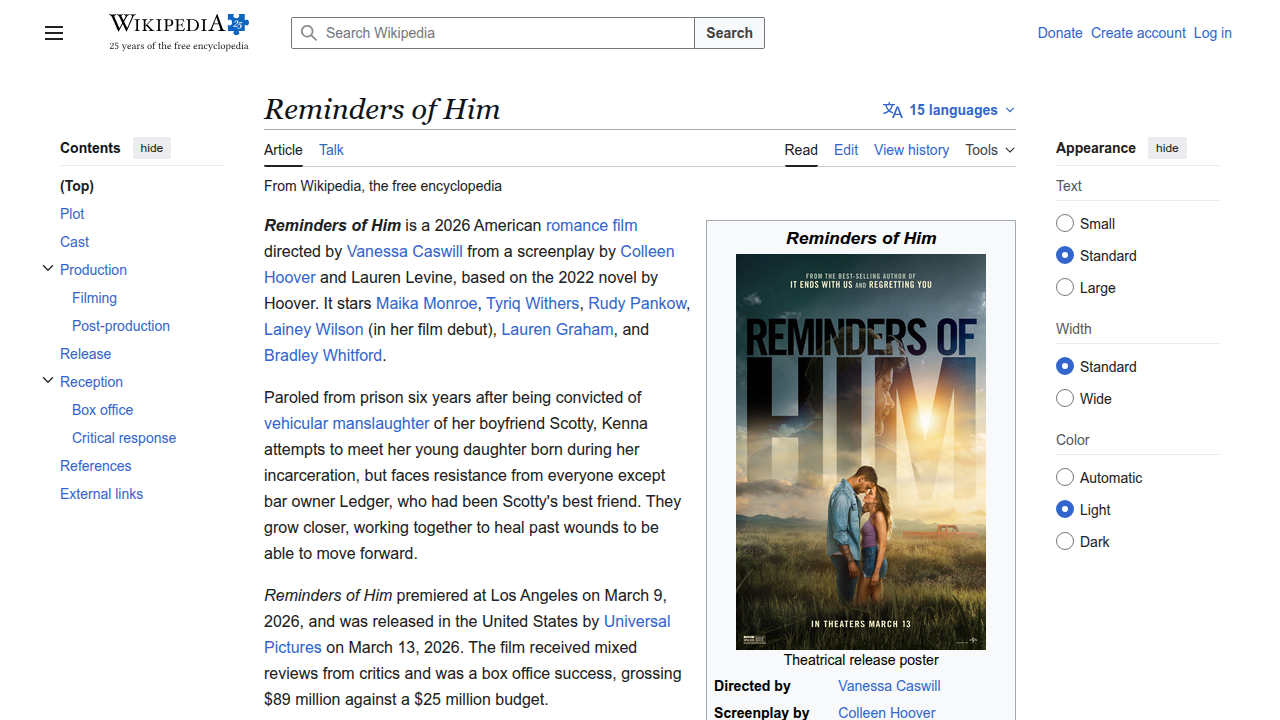 The Wikipedia page for 'Reminders of Him' provides background on the film's premise.