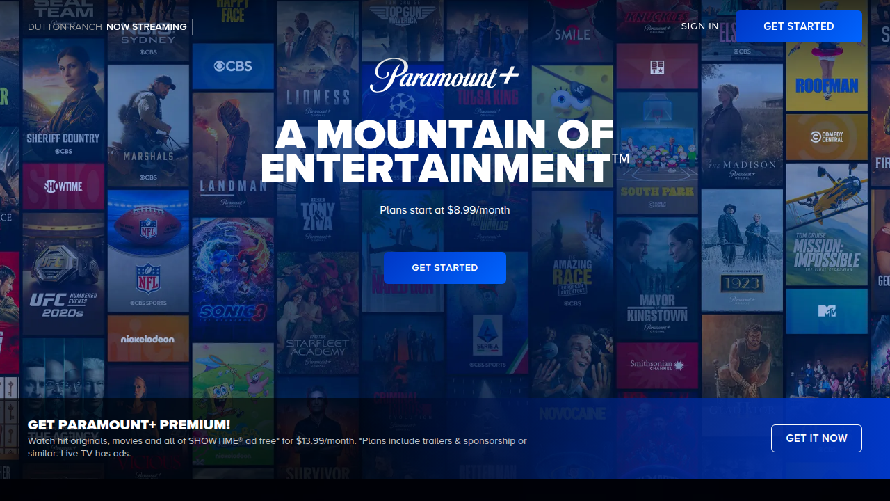 Screenshot of the Paramount+ streaming service homepage, where Mission: Impossible movies are available.