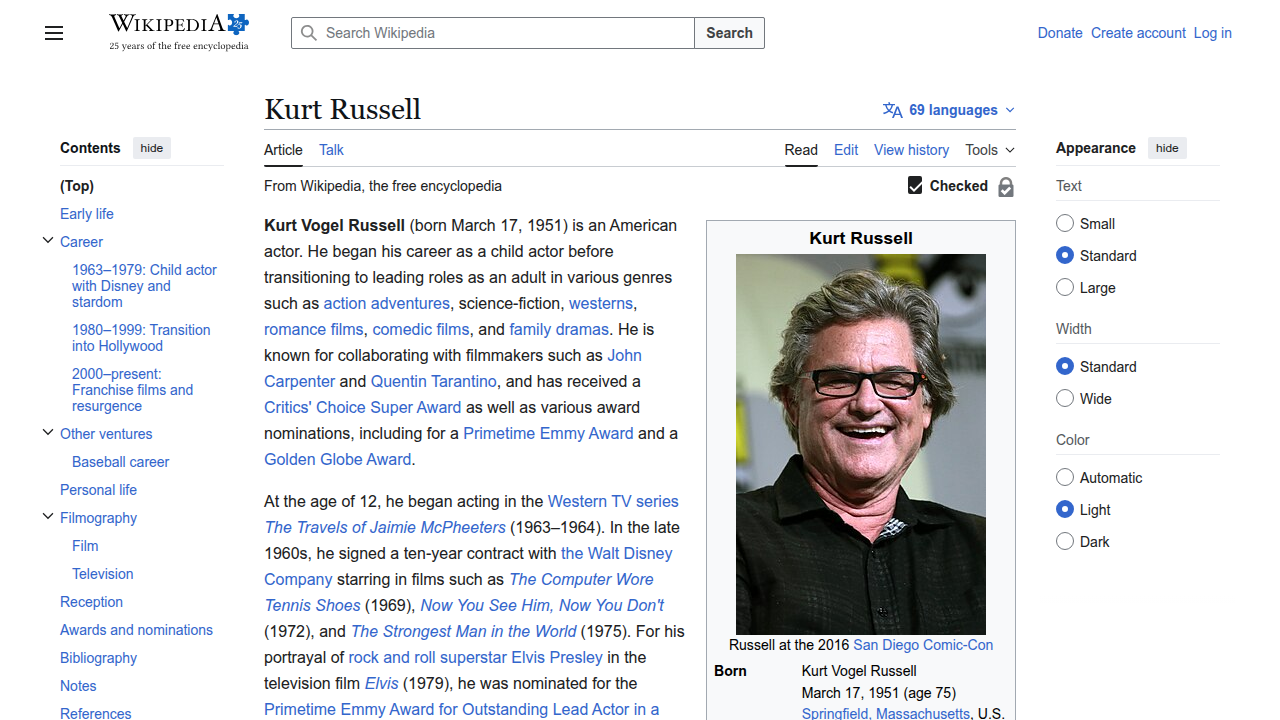 Explore Kurt Russell's extensive filmography and career milestones on his official Wikipedia page.