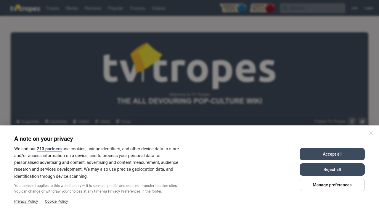 Screenshot of the TV Tropes website, an encyclopedia of common plot devices and tropes in fiction.