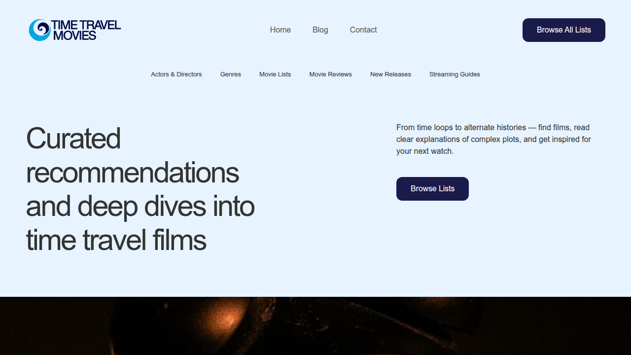 Screenshot of the Time Travel Movies website, a resource for fans of time travel cinema.