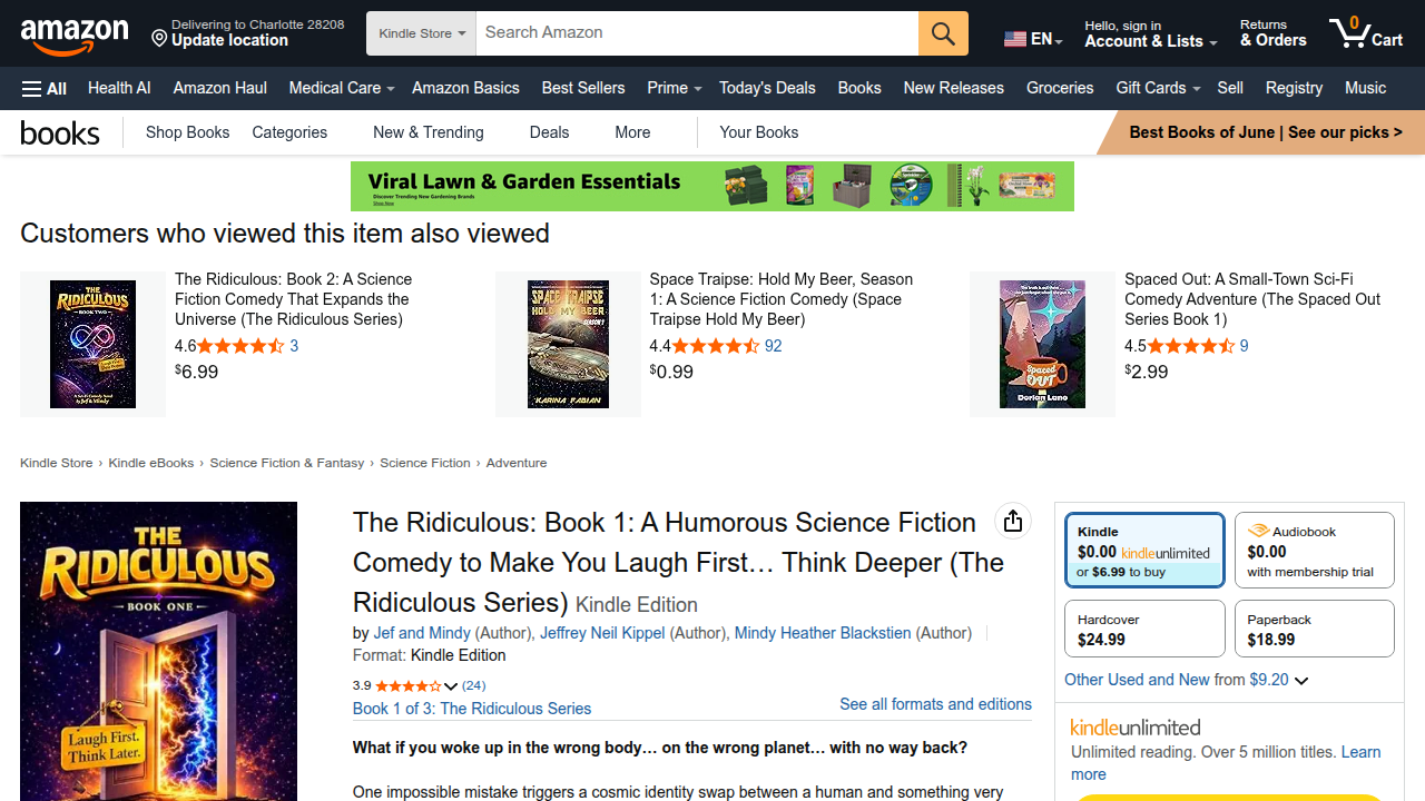 Screenshot of an Amazon product page for a sci-fi comedy exploring identity and perspective.