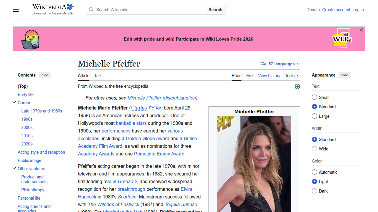 Screenshot of Michelle Pfeiffer's Wikipedia biography page, detailing her career milestones and awards.
