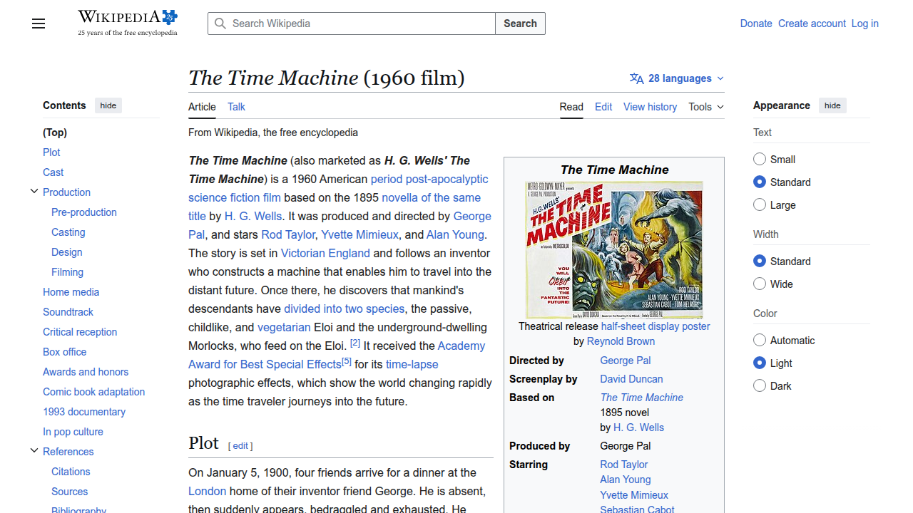 The Wikipedia entry for the classic 1960 film 'The Time Machine,' detailing its legacy.