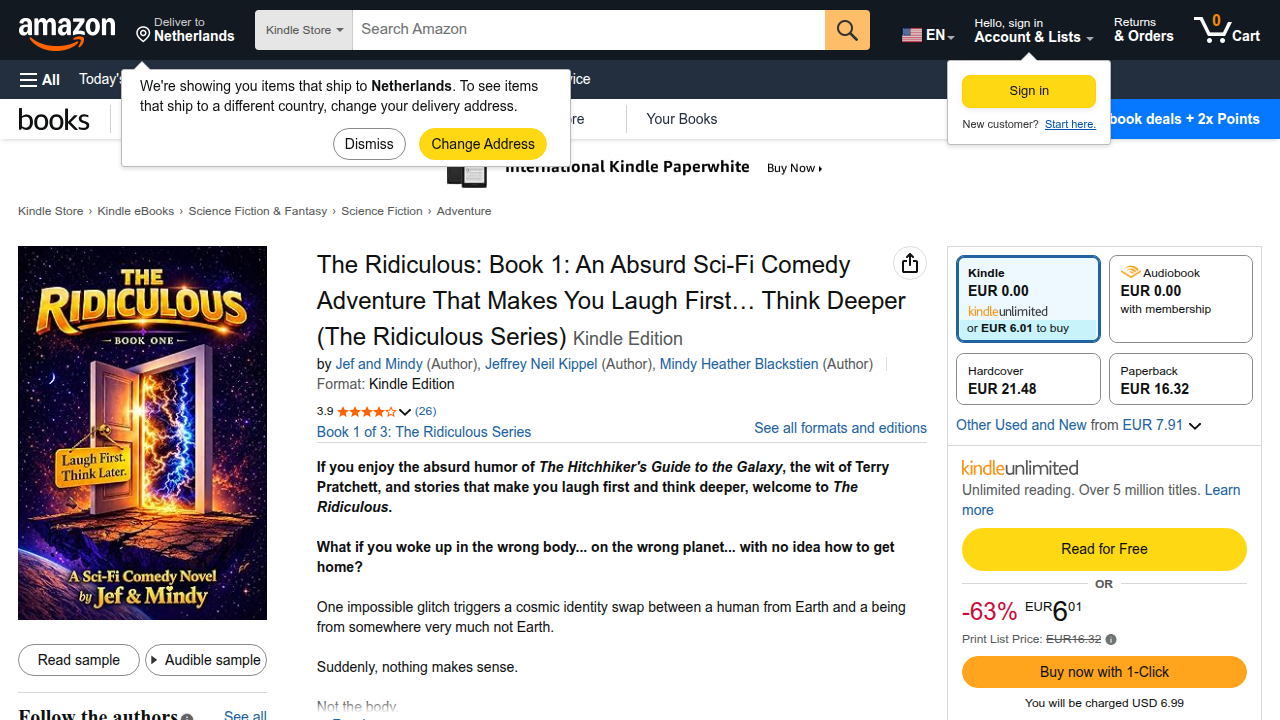 The Amazon page for 'The Ridiculous,' a sci-fi comedy ebook mentioned in the article.