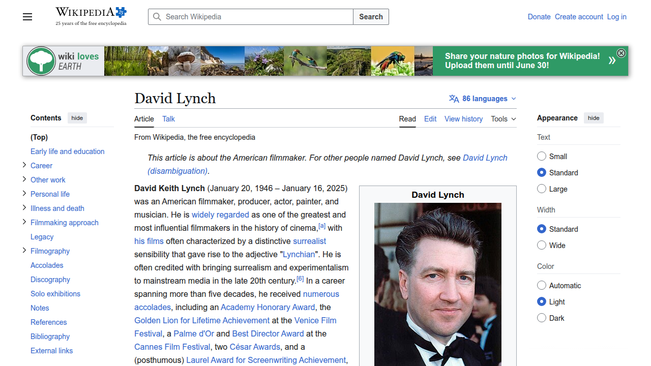 The Wikipedia page for David Lynch, highlighting his extensive filmography and influence on cinema.