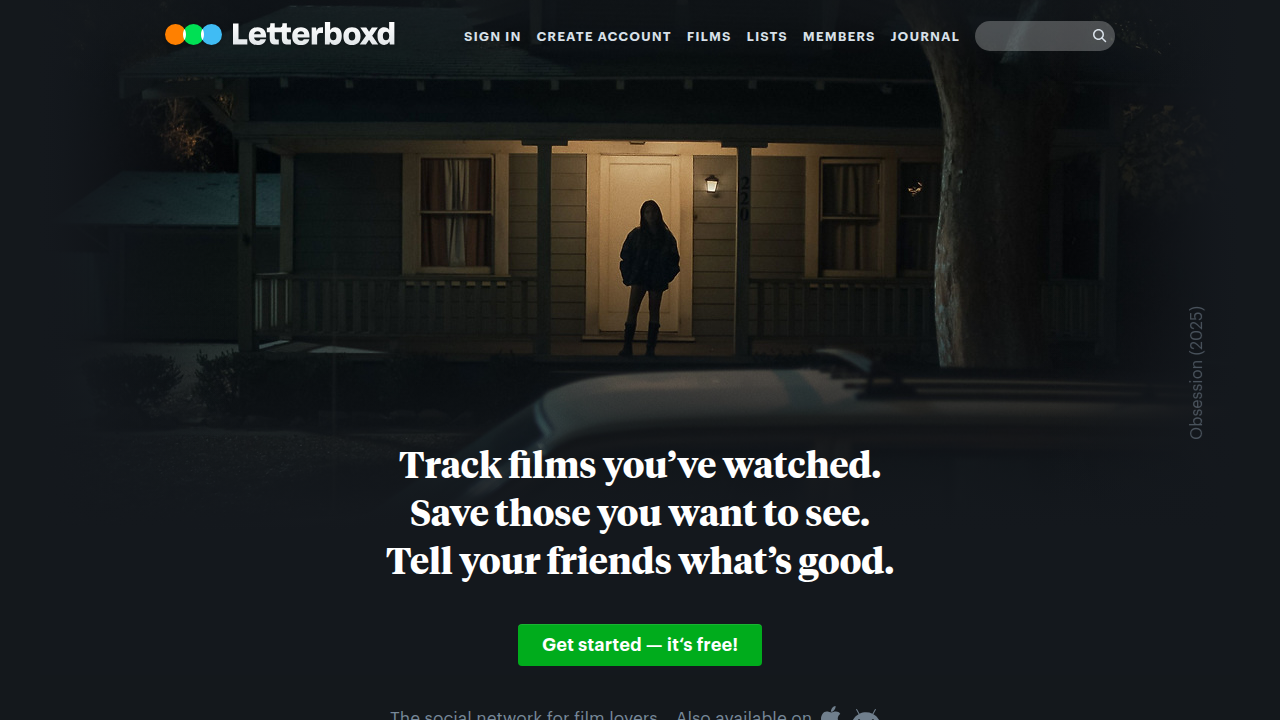 The Letterboxd homepage, a social network for film lovers to track, review, and discover movies.